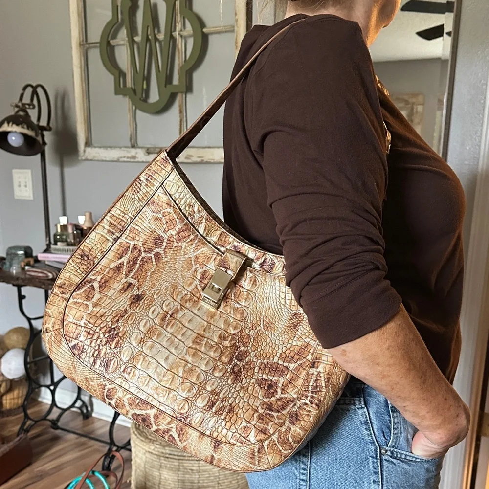 Brahmin Tan Brown Croc-Embossed Shoulder Bag - Picture 1 of 5